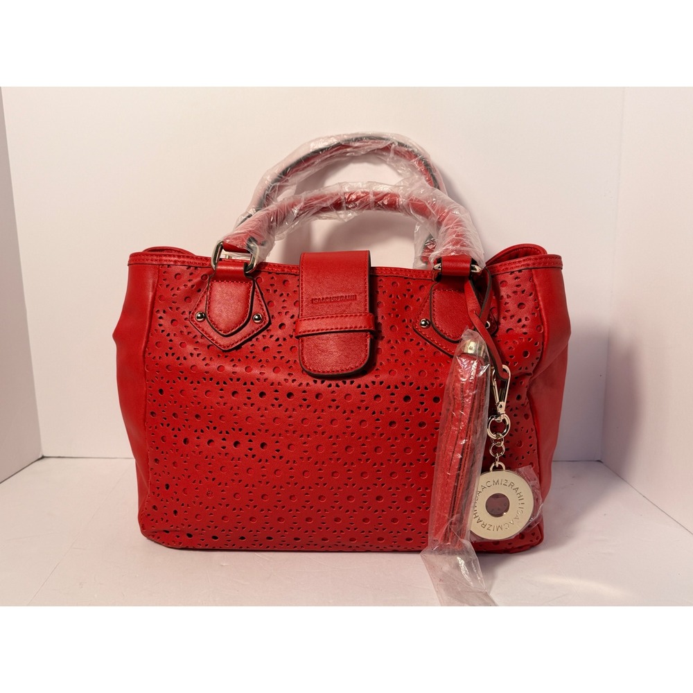 Isaac Mizrahi Red Laser-Cut Perforated Leather Satchel Bag - NWOT
